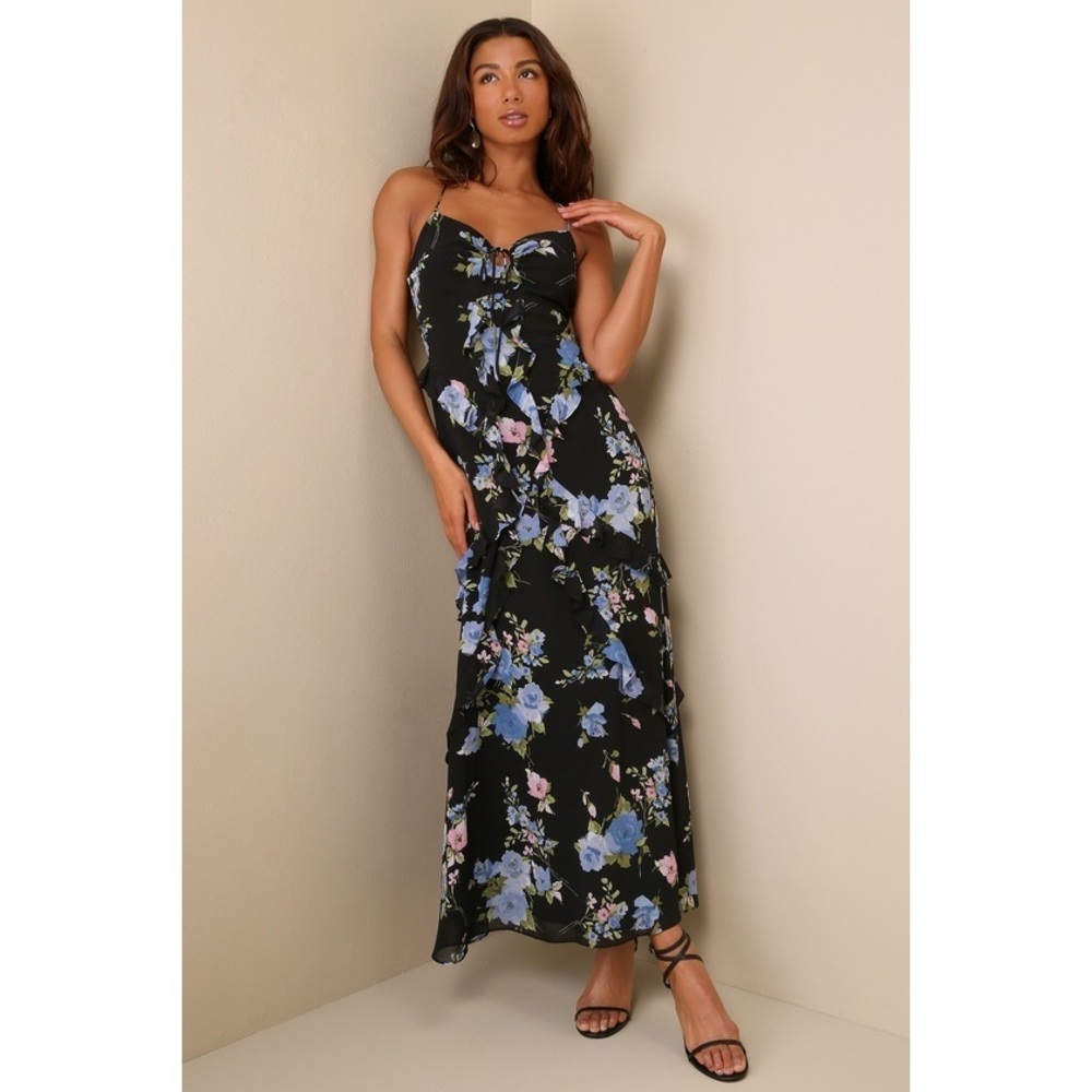 Lulus Adoring Essence Black Floral Ruffled Lace-up Backless Maxi Dress - Size S